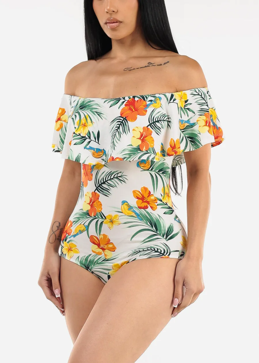 White Off Shoulder Floral Bodysuit sold by Moda