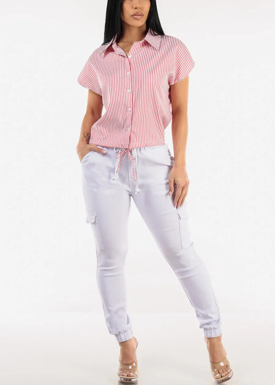 Short Sleeve Stripe Button Up Blouse Terracotta sold by Moda product image thumbnail 2