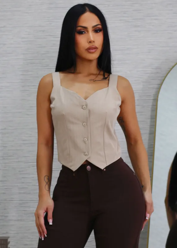Sleeveless  Button Up Stripe Vest Top Beige sold by Moda