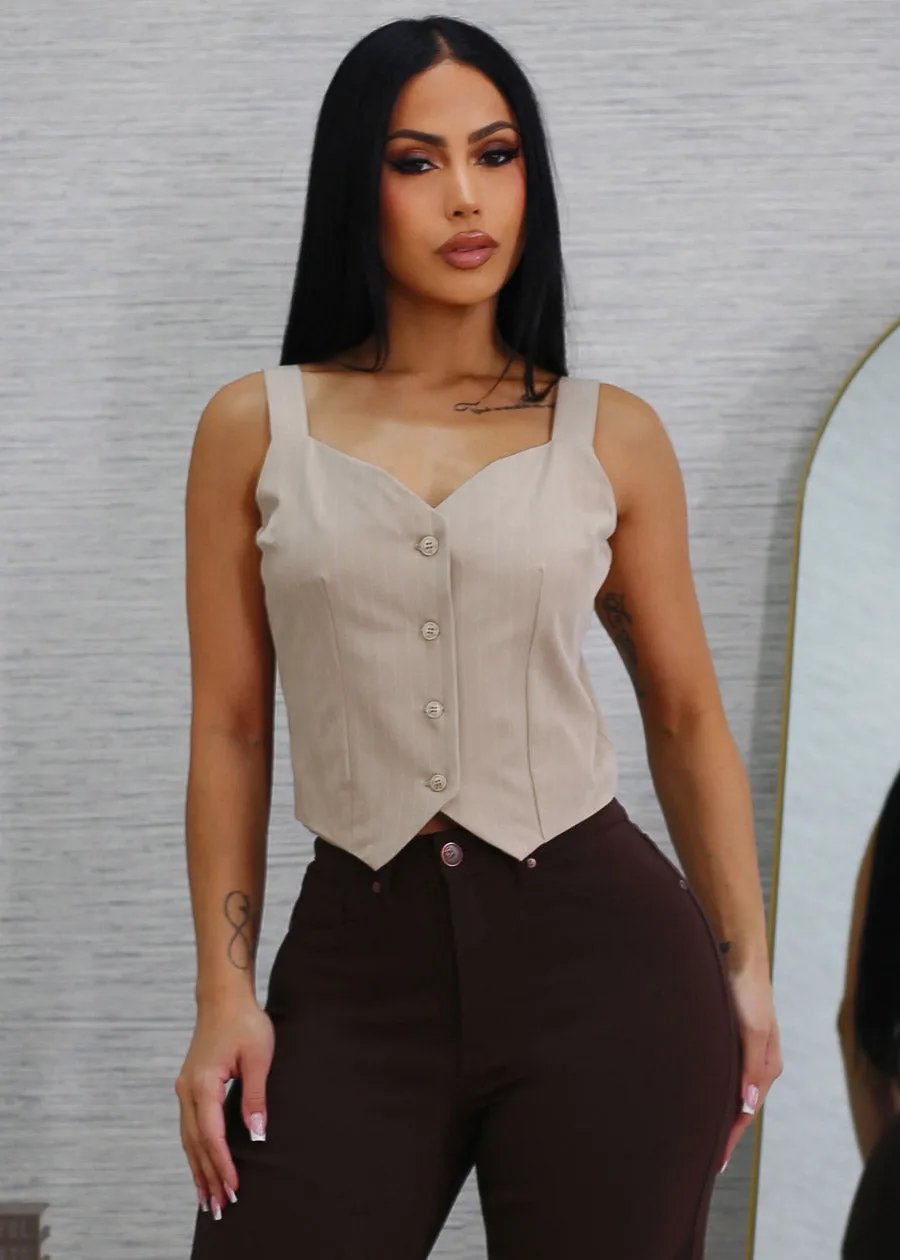Sleeveless Button Up Stripe Vest Top Beige sold by Moda