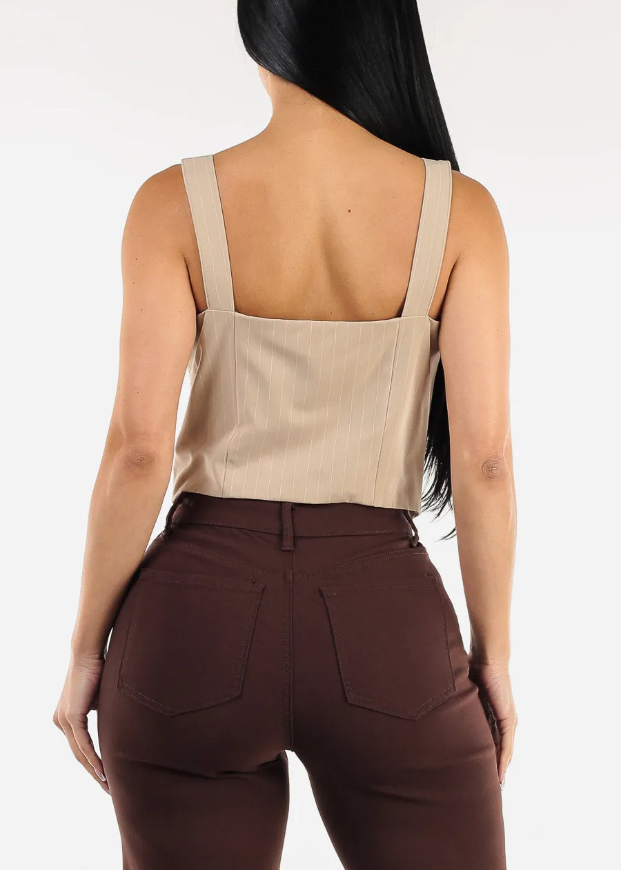 Sleeveless Button Up Stripe Vest Top Beige sold by Moda product image thumbnail 5