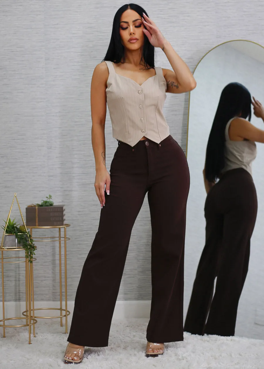 Sleeveless Button Up Stripe Vest Top Beige sold by Moda product image thumbnail 2