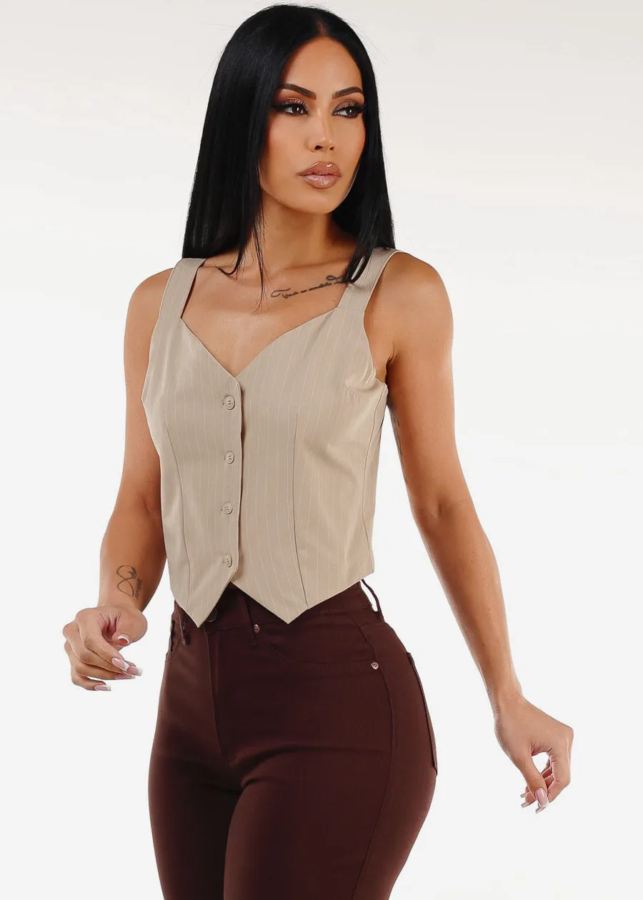 Sleeveless Button Up Stripe Vest Top Beige sold by Moda product image thumbnail 3
