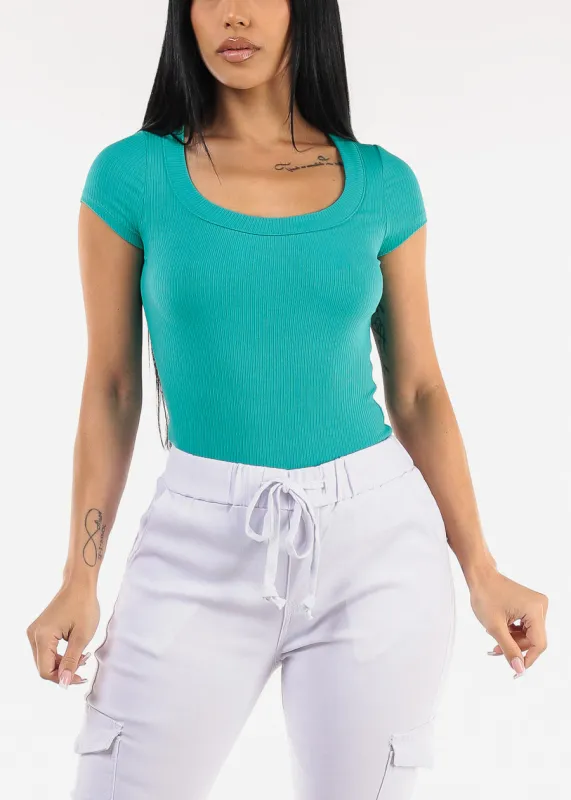 Short Sleeve Round Neck Stretch Ribbed Top Jade sold by Moda