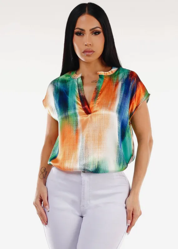 Satin Vneck Abstract Print Blouse Navy & Orange sold by Moda
