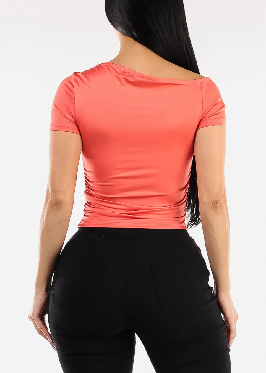 Asymmetrical Neckline Ruched Top Coral sold by Moda product image thumbnail 4