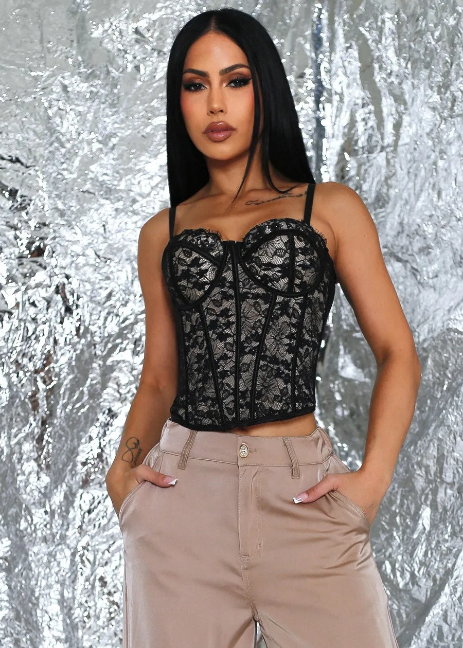 Sweetheart Neckline Floral Lace Corset Top Black sold by Moda