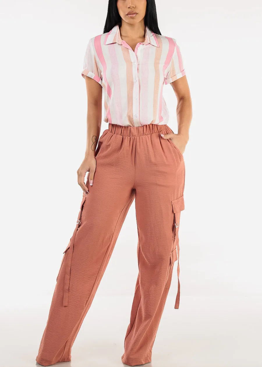 Short Sleeve Button Up Stripe Blouse Pink & Blush sold by Moda product image thumbnail 2