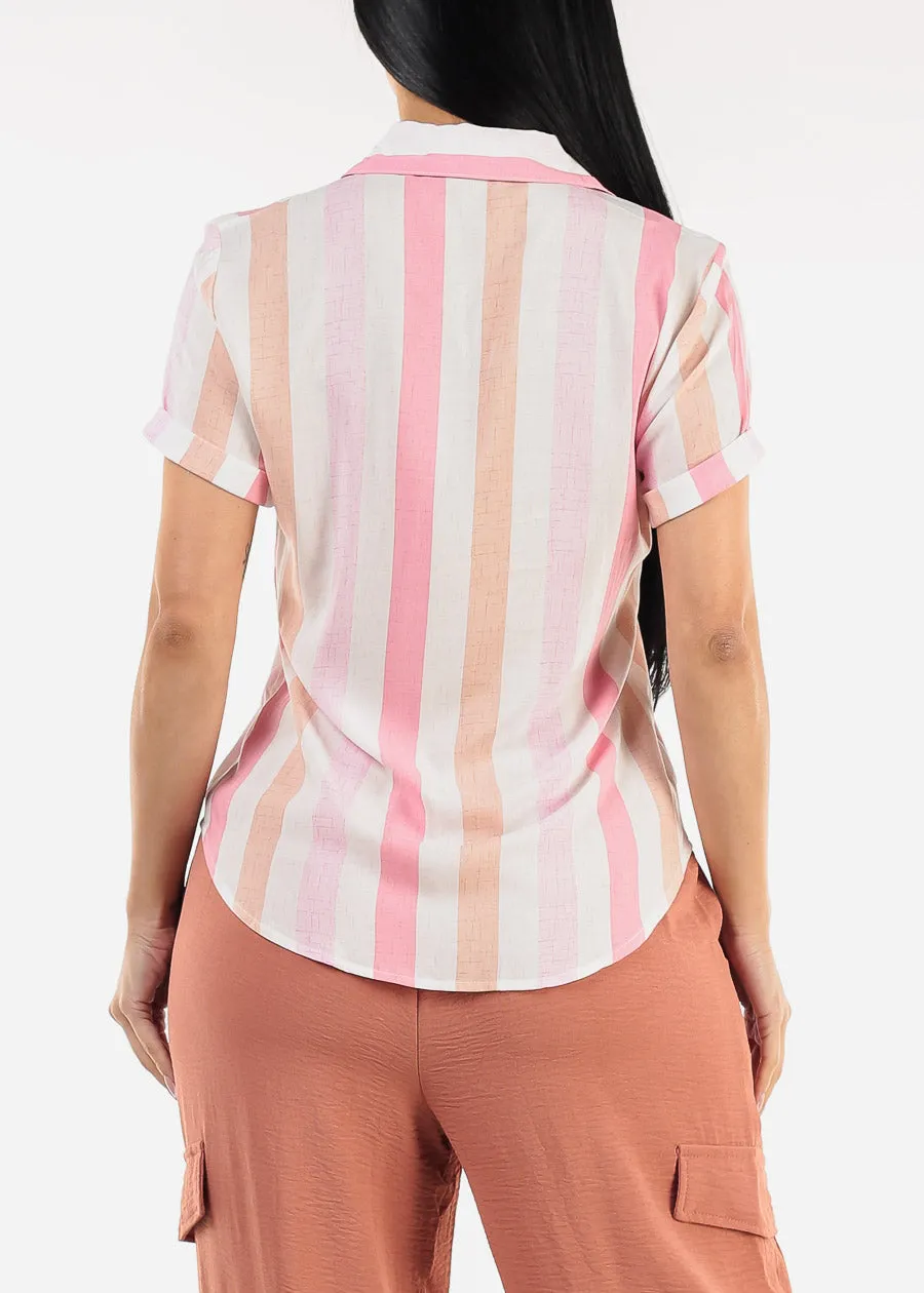Short Sleeve Button Up Stripe Blouse Pink & Blush sold by Moda product image thumbnail 4