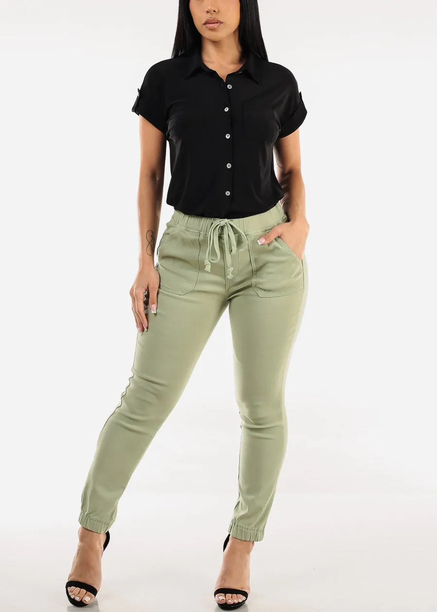 Short Sleeve Button Up Stretch Collared Blouse Black sold by Moda product image thumbnail 2