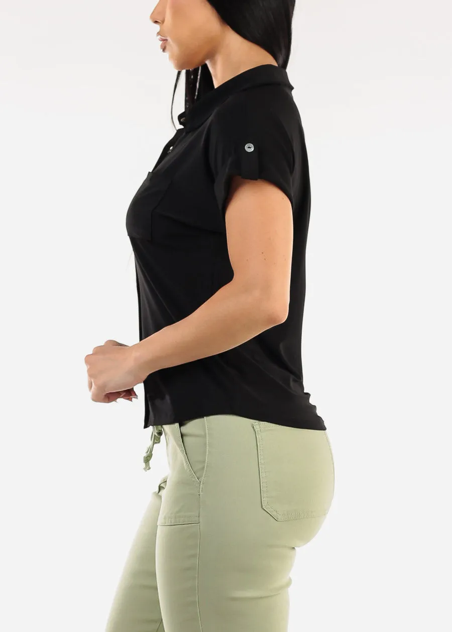 Short Sleeve Button Up Stretch Collared Blouse Black sold by Moda product image thumbnail 3