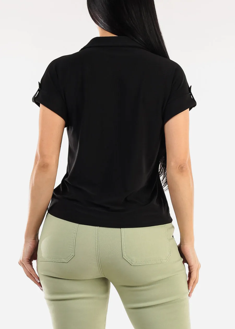 Short Sleeve Button Up Stretch Collared Blouse Black sold by Moda product image thumbnail 4