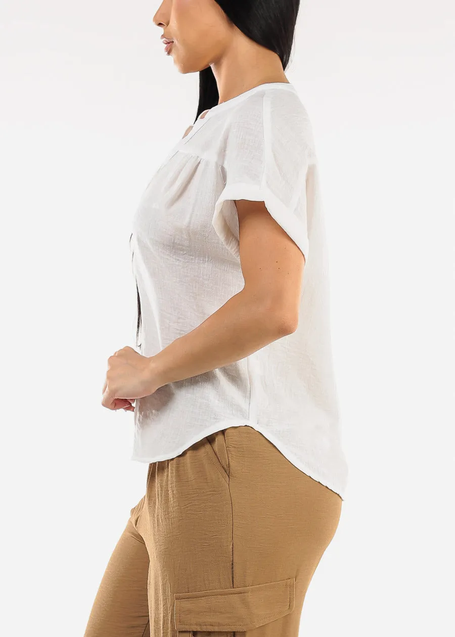 Short Sleeve Button Up Linen Blouse White sold by Moda product image thumbnail 3