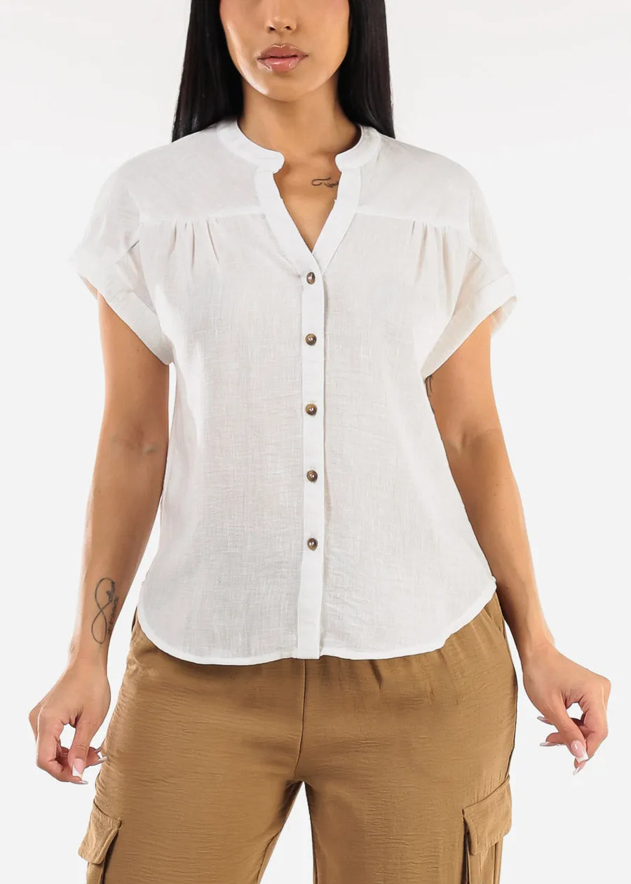 Short Sleeve Button Up Linen Blouse White sold by Moda