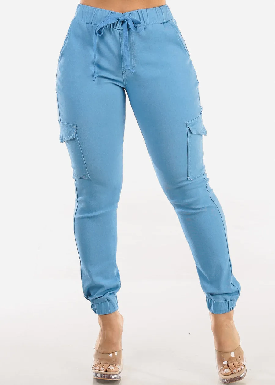 High Waist Hyper Stretch Cargo Jogger Pants Light Blue sold by Moda