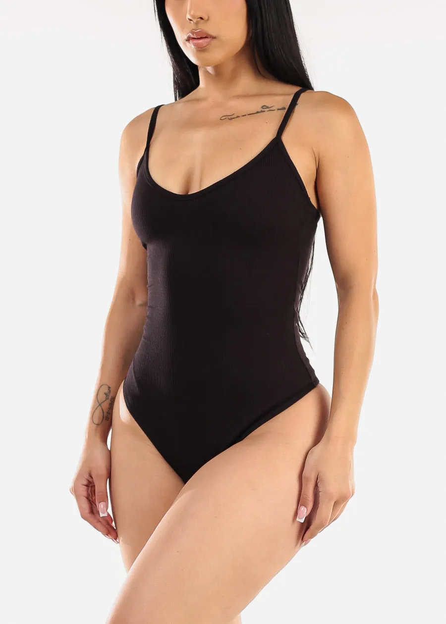 Sleeveless Vneck Ribbed Thong Bodysuit Black sold by Moda