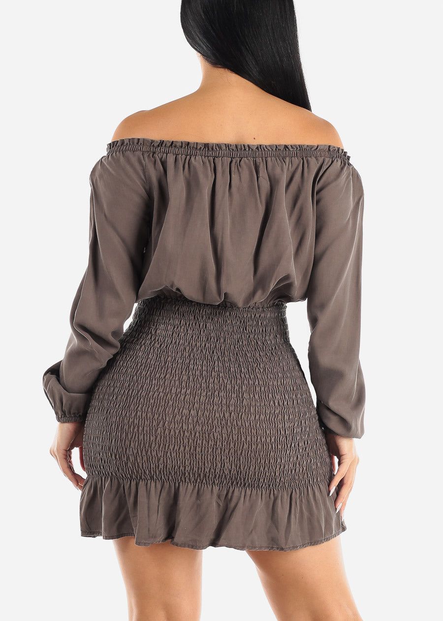 Smocked Off Shoulder Tencel Mini Dress Brown sold by Moda product image thumbnail 4