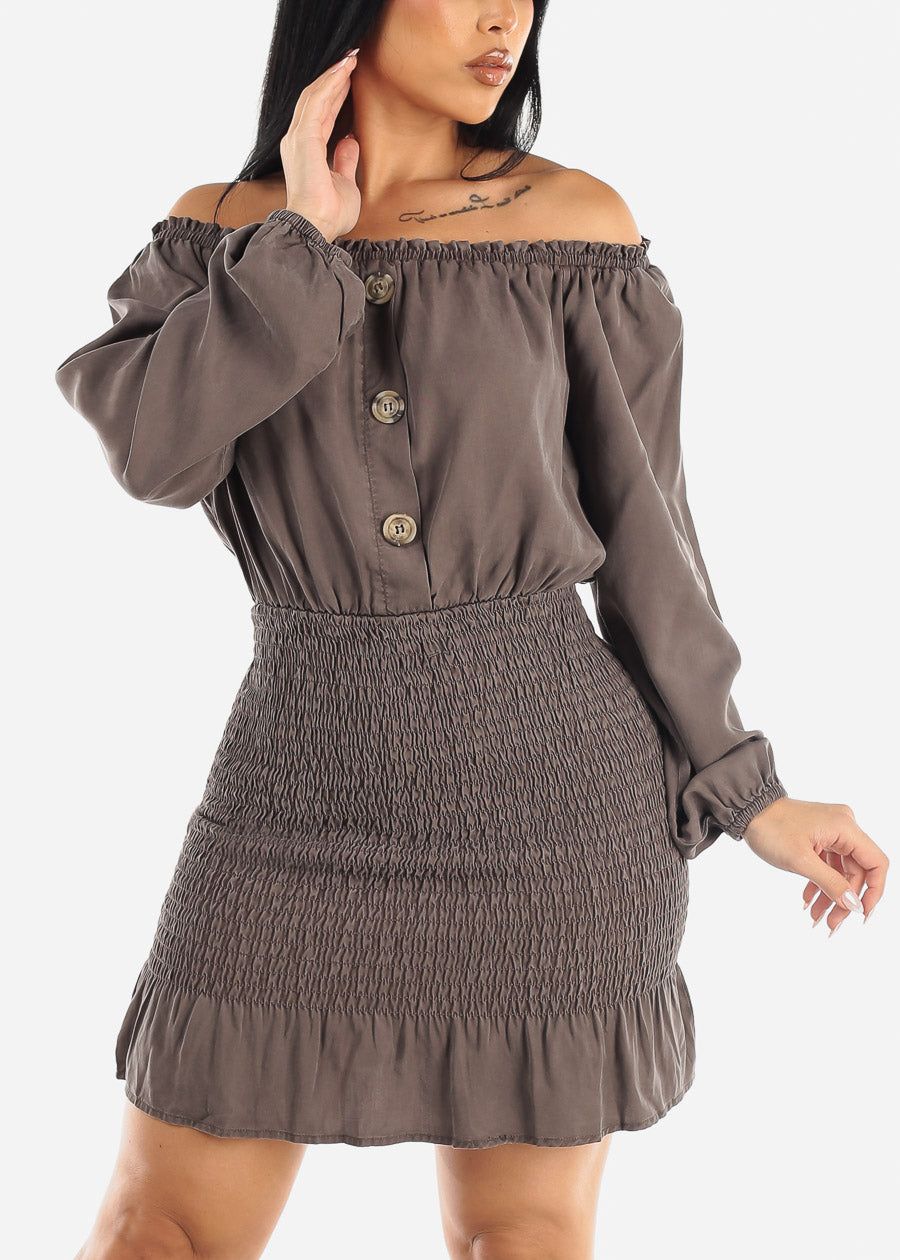 Smocked Off Shoulder Tencel Mini Dress Brown sold by Moda