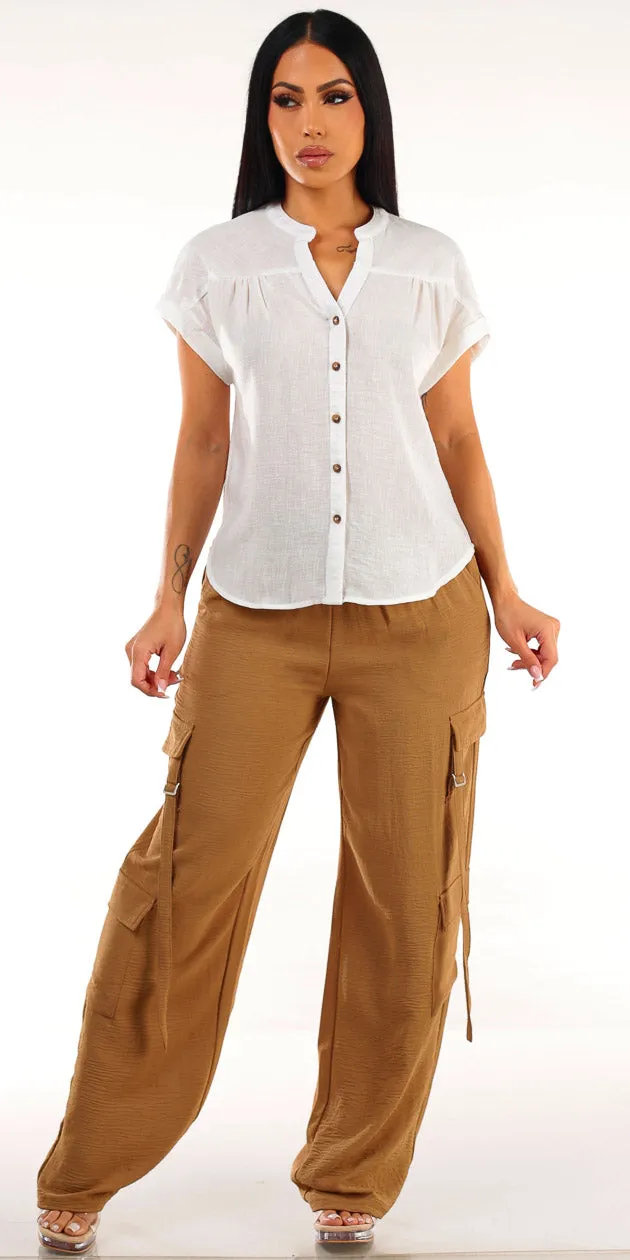 Linen Wide Cargo Pants Set sold by Moda