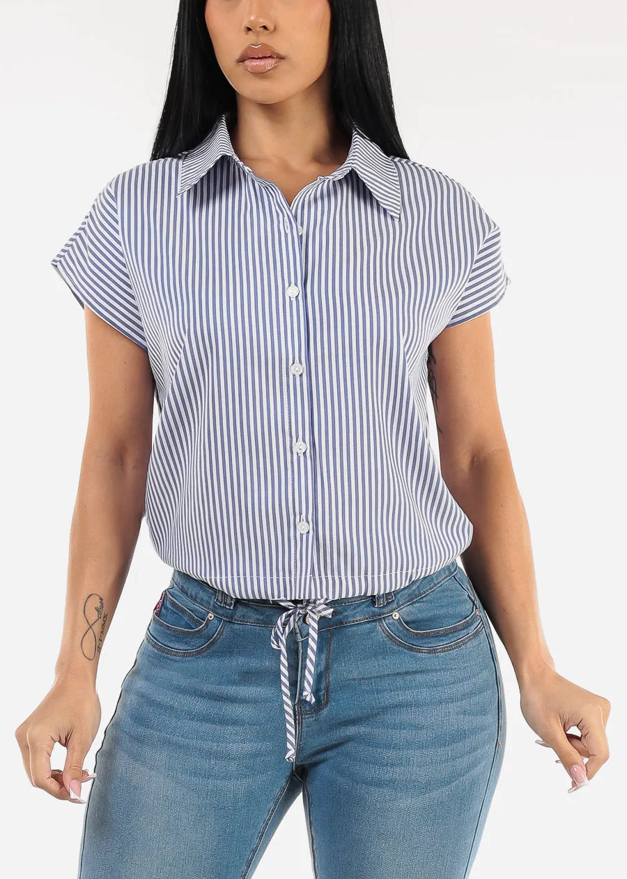 Short Sleeve Stripe Button Up Blouse Navy sold by Moda