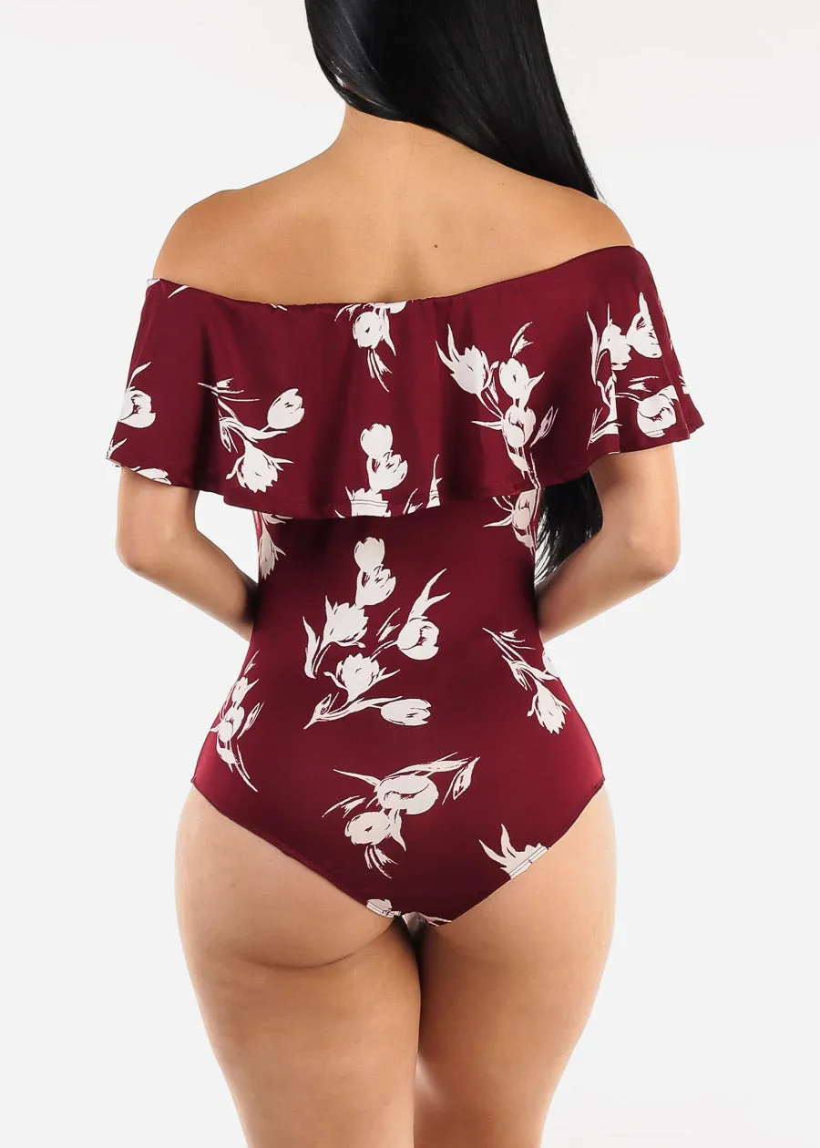Off Shoulder Floral Bodysuit Burgundy sold by Moda product image thumbnail 4