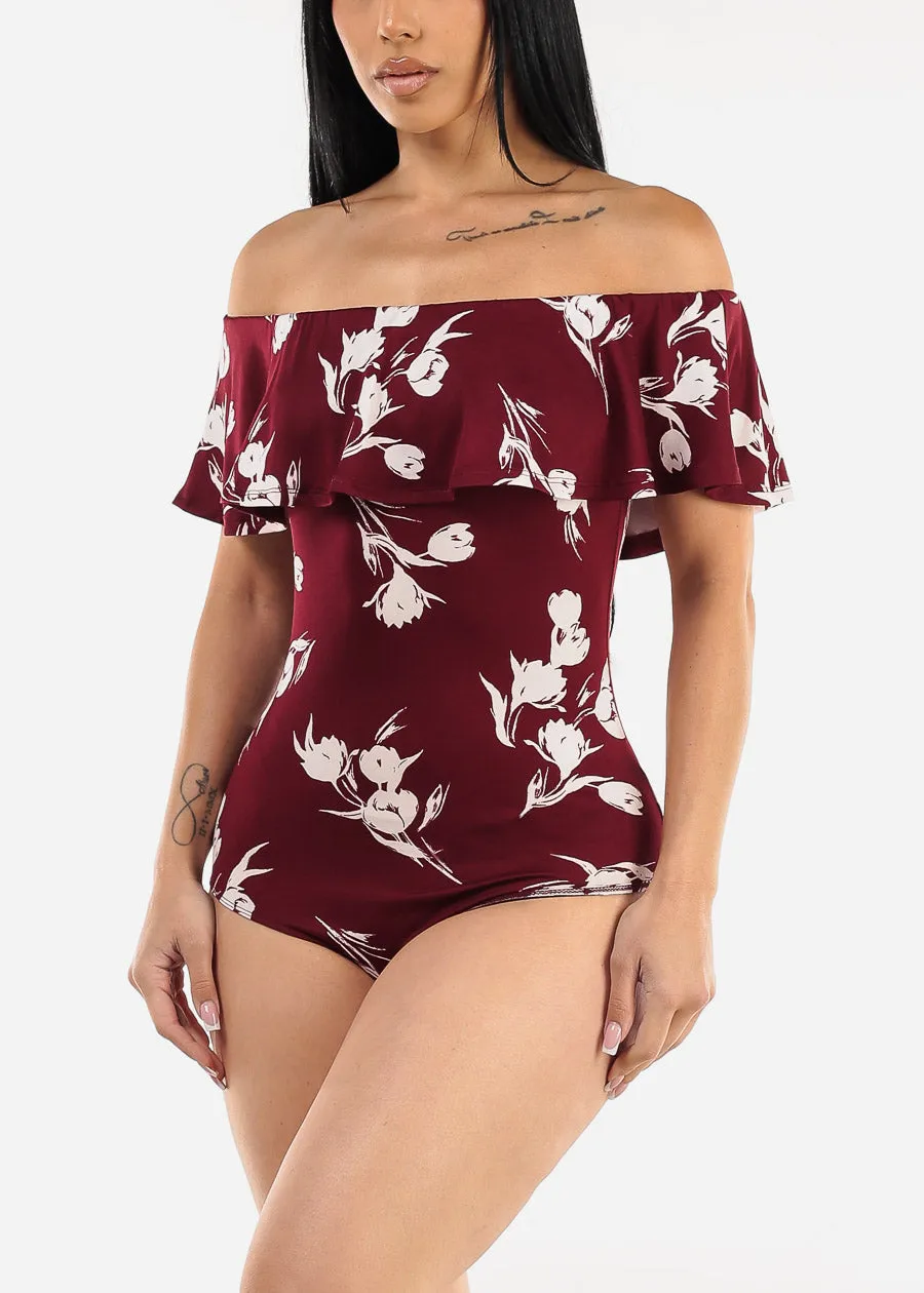 Off Shoulder Floral Bodysuit Burgundy sold by Moda