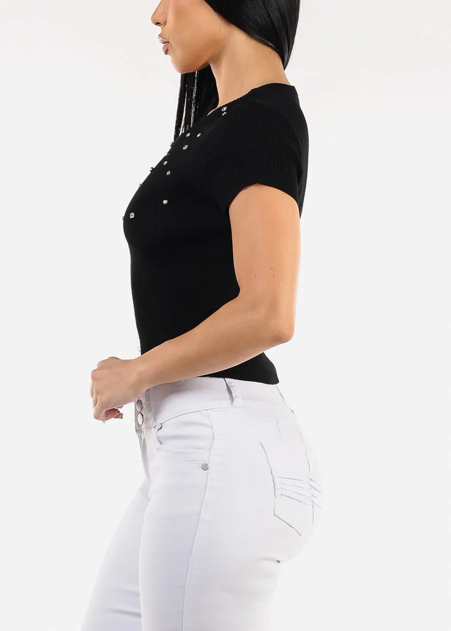 Black Short Sleeve Ribbed Top w Rhinestones sold by Moda product image thumbnail 3