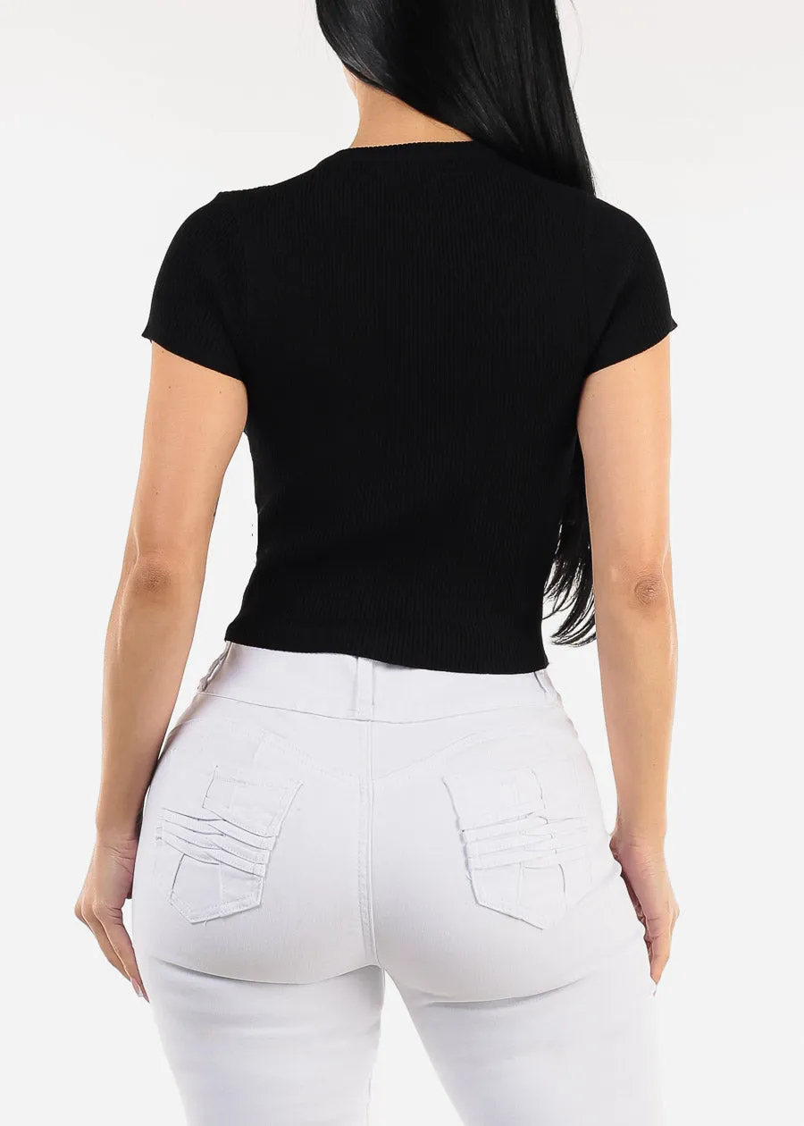 Black Short Sleeve Ribbed Top w Rhinestones sold by Moda product image thumbnail 4