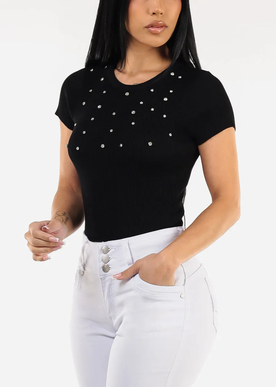 Black Short Sleeve Ribbed Top w Rhinestones sold by Moda