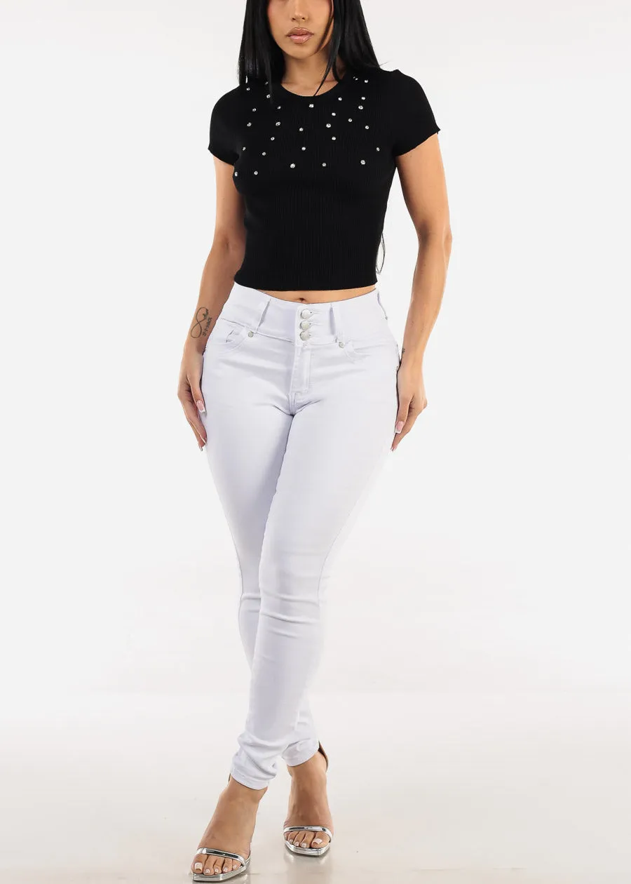 Black Short Sleeve Ribbed Top w Rhinestones sold by Moda product image thumbnail 2