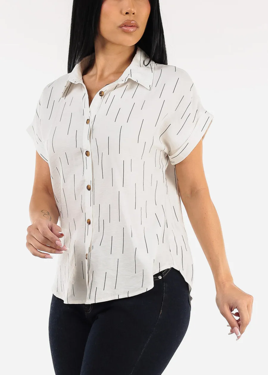 Short Sleeve Button Down Printed Collared Blouse Ivory sold by Moda