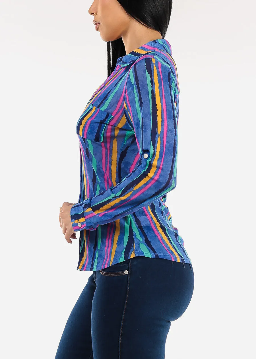 Long Sleeve Mesh Printed Collared Blouse Blue sold by Moda product image thumbnail 3