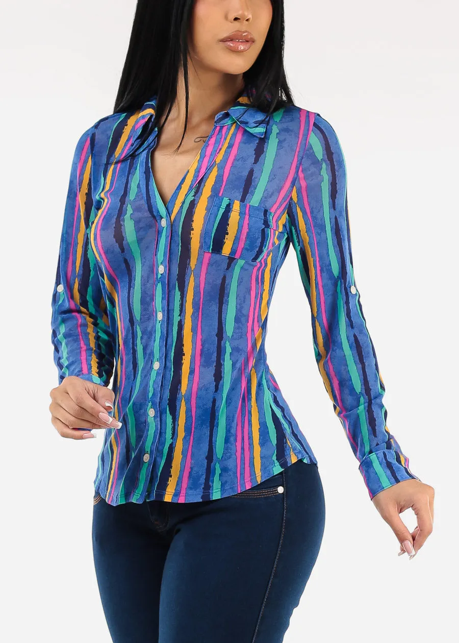 Long Sleeve Mesh Printed Collared Blouse Blue sold by Moda