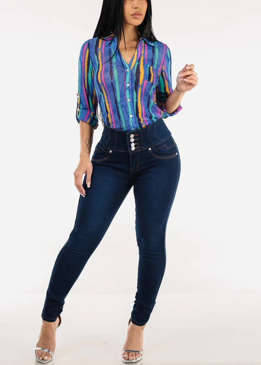 Long Sleeve Mesh Printed Collared Blouse Blue sold by Moda product image thumbnail 2