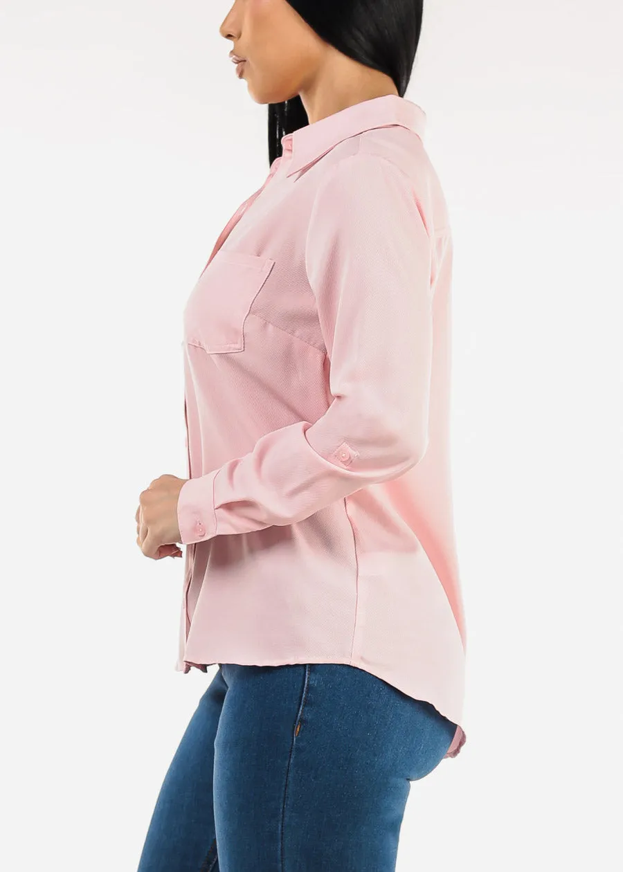 Long Sleeve Button Down Twill Collared Blouse Light Pink sold by Moda product image thumbnail 3