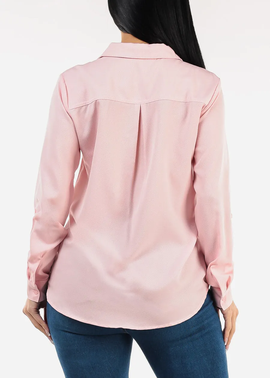 Long Sleeve Button Down Twill Collared Blouse Light Pink sold by Moda product image thumbnail 4