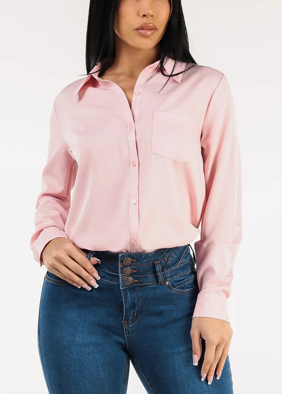 Long Sleeve Button Down Twill Collared Blouse Light Pink sold by Moda