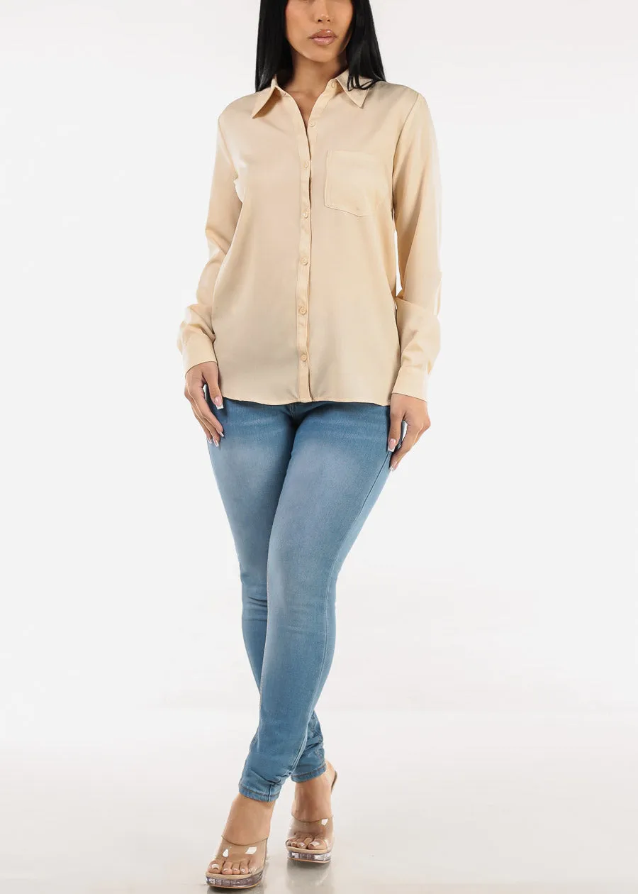 Long Sleeve Button Down Twill Collared Blouse Beige sold by Moda product image thumbnail 2