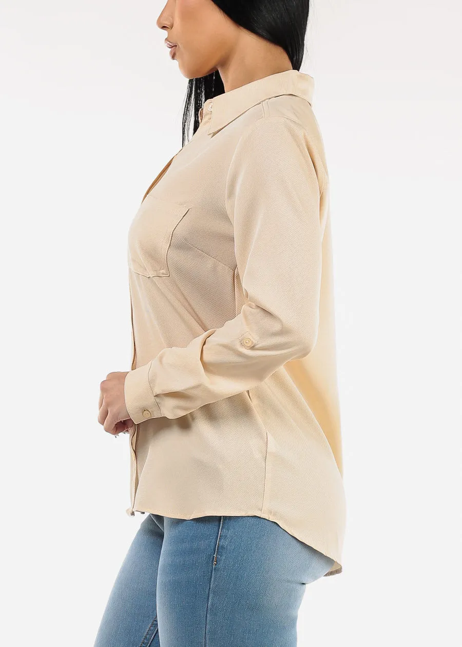 Long Sleeve Button Down Twill Collared Blouse Beige sold by Moda product image thumbnail 3