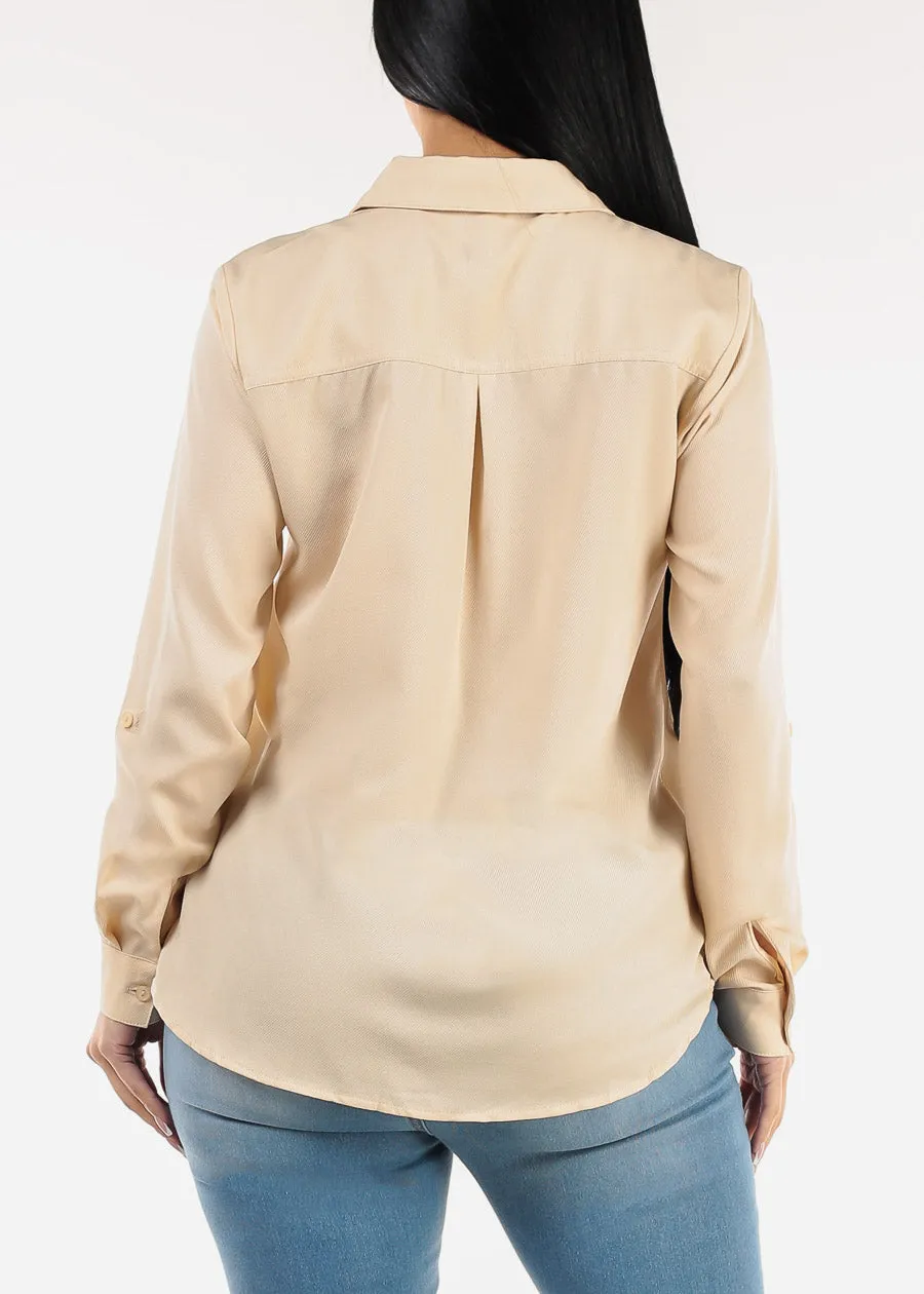 Long Sleeve Button Down Twill Collared Blouse Beige sold by Moda product image thumbnail 4