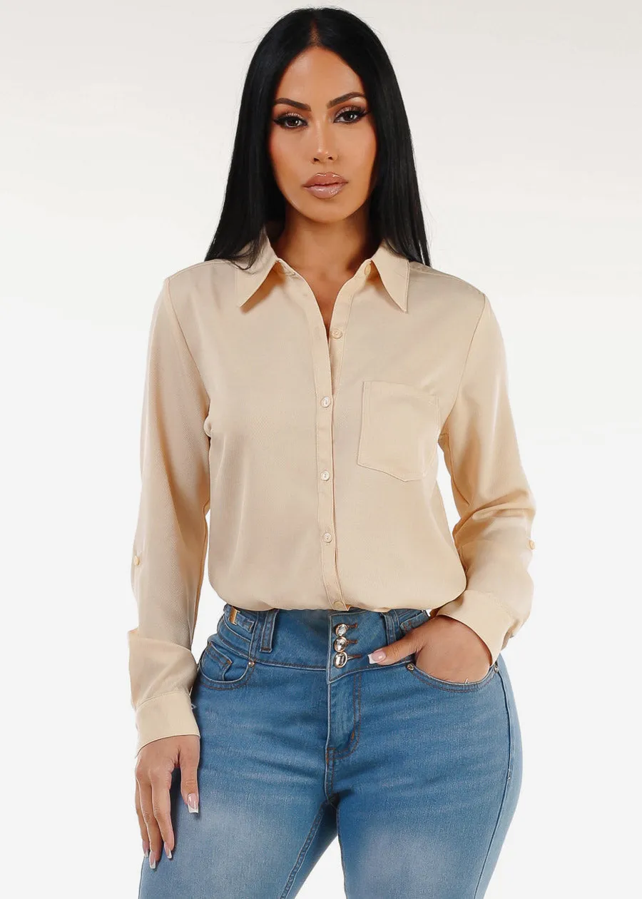 Long Sleeve Button Down Twill Collared Blouse Beige sold by Moda