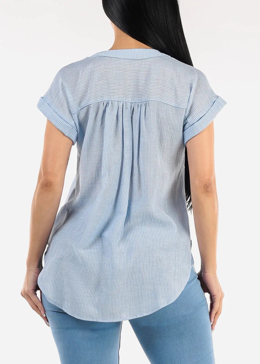 Short Sleeve Vneck High Low Stripe Blouse Light Blue sold by Moda product image thumbnail 4