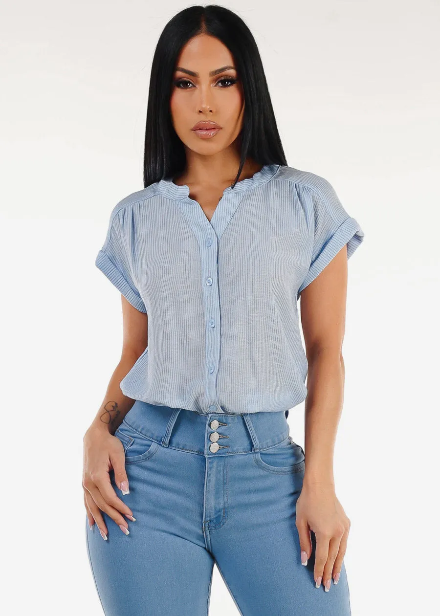 Short Sleeve Vneck High Low Stripe Blouse Light Blue sold by Moda