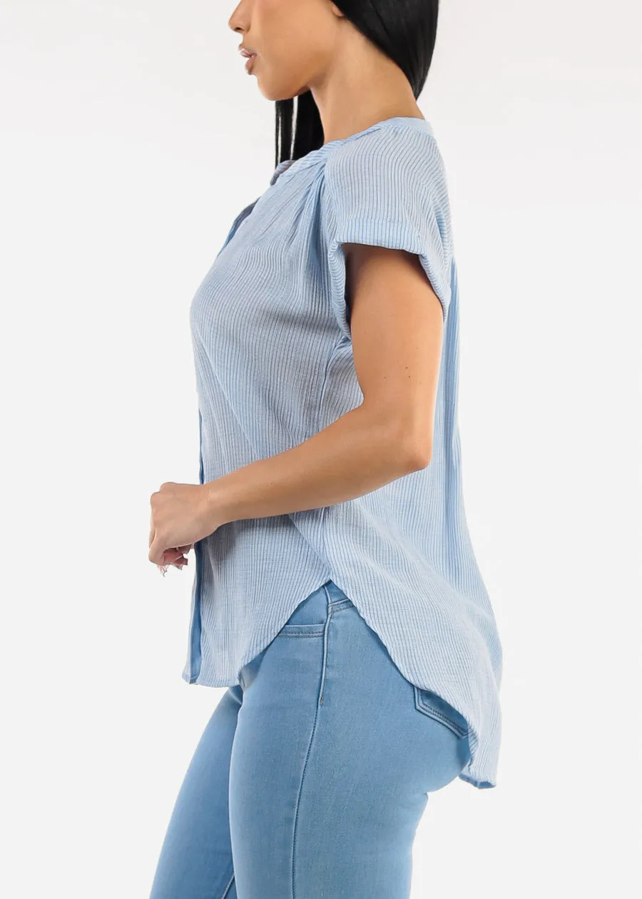 Short Sleeve Vneck High Low Stripe Blouse Light Blue sold by Moda product image thumbnail 3