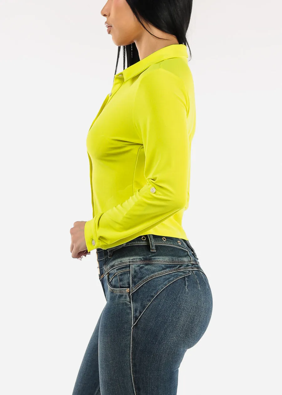 Long Sleeve Button Up Cropped Collared Blouse Lime sold by Moda product image thumbnail 3