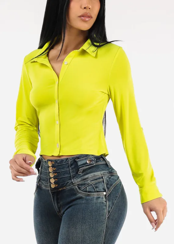 Long Sleeve Button Up Cropped Collared Blouse Lime sold by Moda