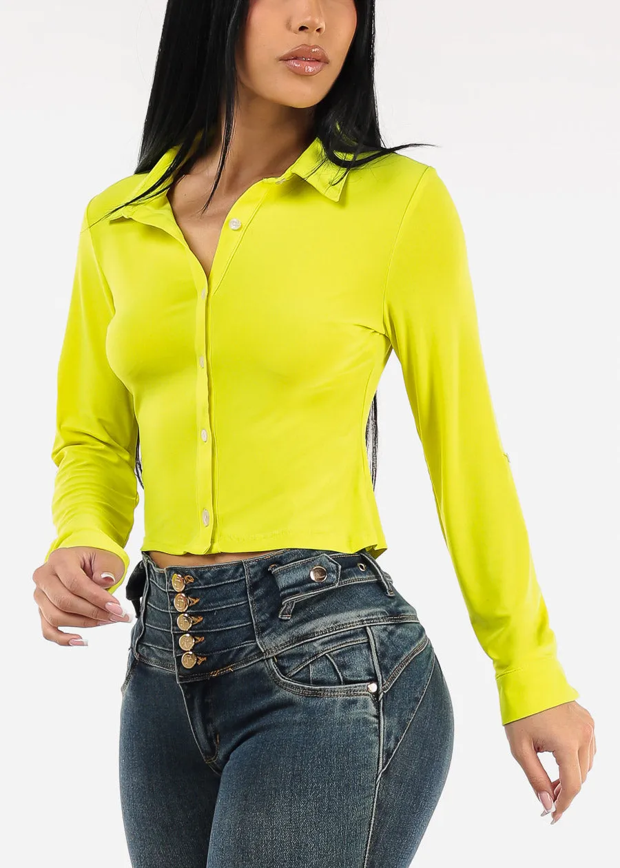 Long Sleeve Button Up Cropped Collared Blouse Lime sold by Moda
