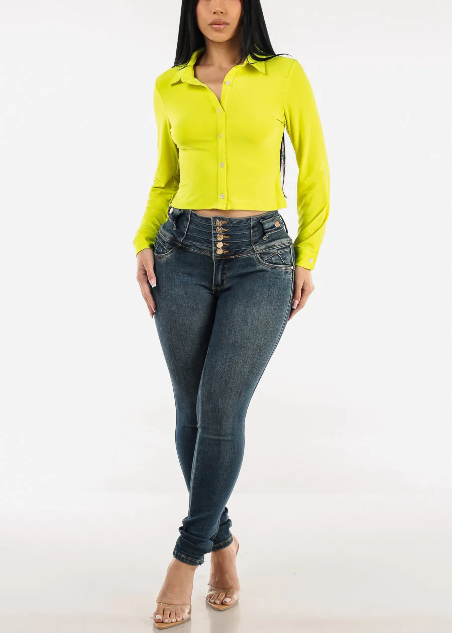 Long Sleeve Button Up Cropped Collared Blouse Lime sold by Moda product image thumbnail 2
