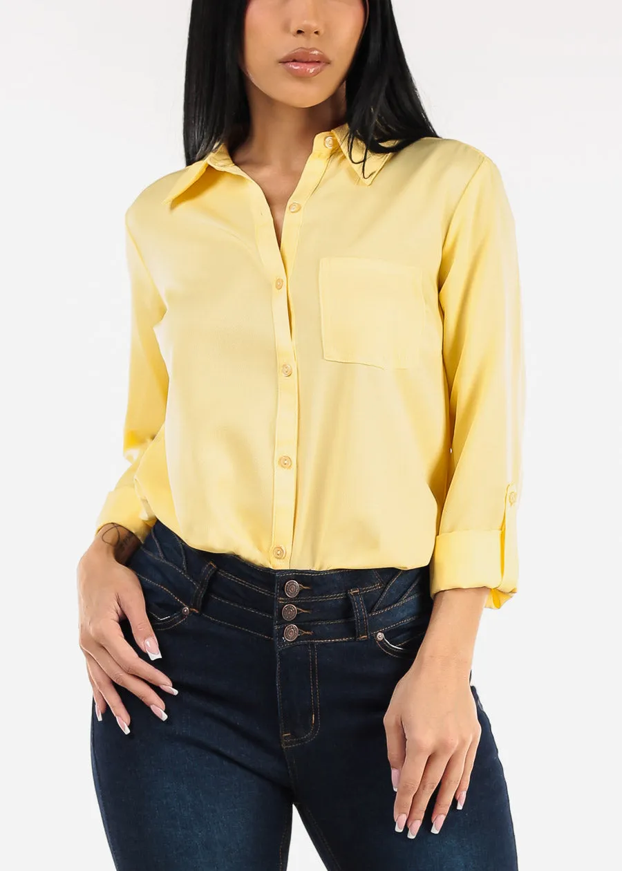 Long Sleeve Button Down Twill Collared Blouse Yellow sold by Moda