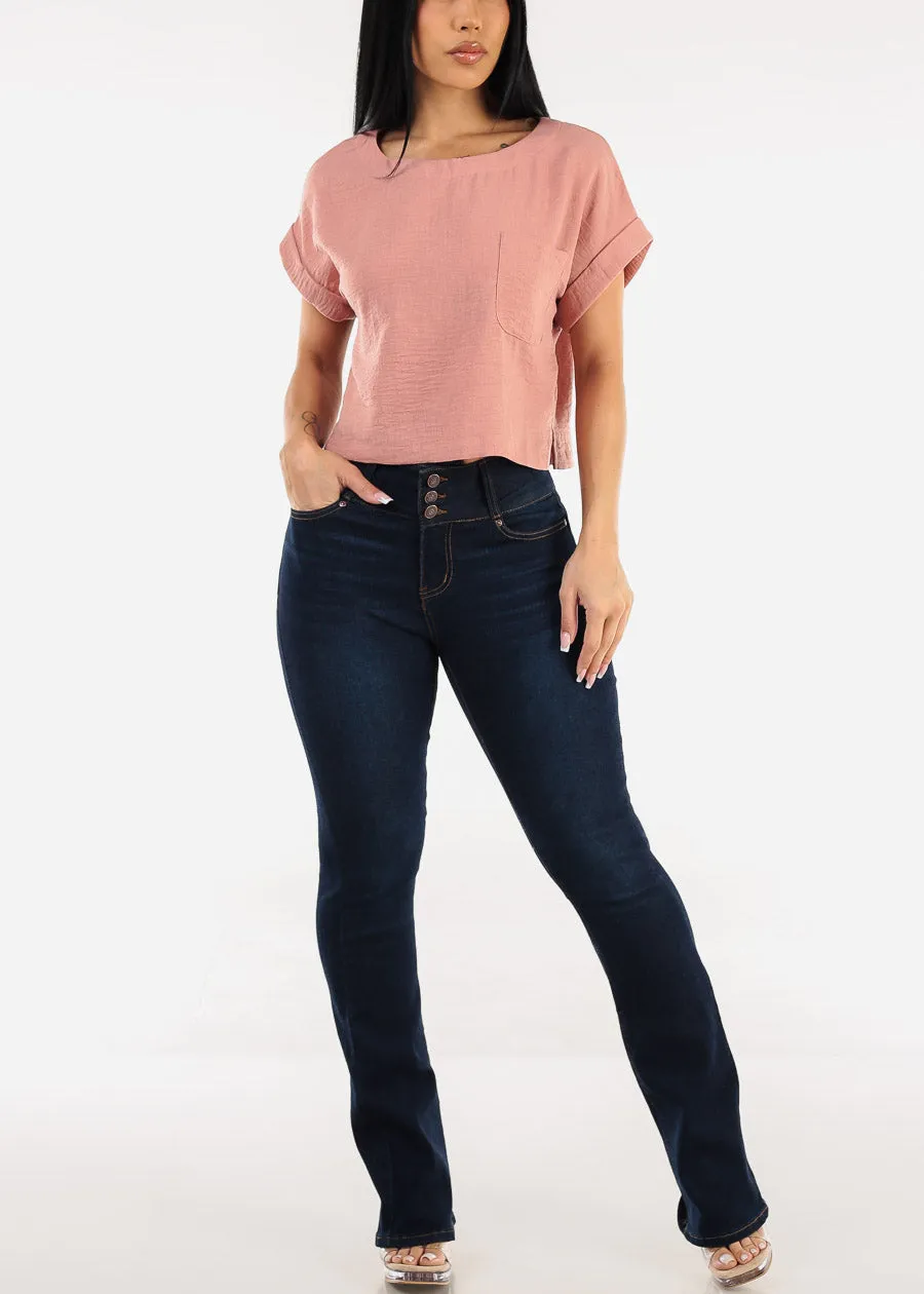 Short Dolman Sleeve Round Neck Linen Crop Top Rose sold by Moda product image thumbnail 2